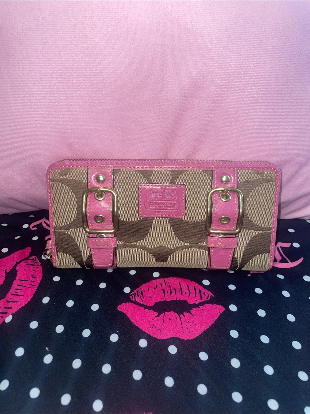 Coach Beige Signature Canvas Wallet with Pink Leather Trim
